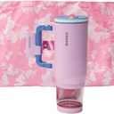 Insulated Tumbler with Foldable Handle & Detachable Snack Box - 23oz Stainless Steel Travel Mug with Straw Lid,Leak-Proof Design for Travel,Gym.Bonus for mom tote bag and lipstick holder as gifts (pink)
