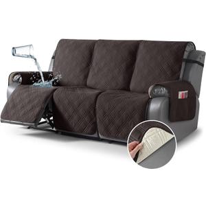 TAOCOCO 100% Waterproof Recliner Sofa Covers 3 Seater, Split Couch Covers for Reclining Couches for Kids Pets, Non Slip Reclining Couch Covers Furniture Protector with Straps(3 Seater, Coffee)