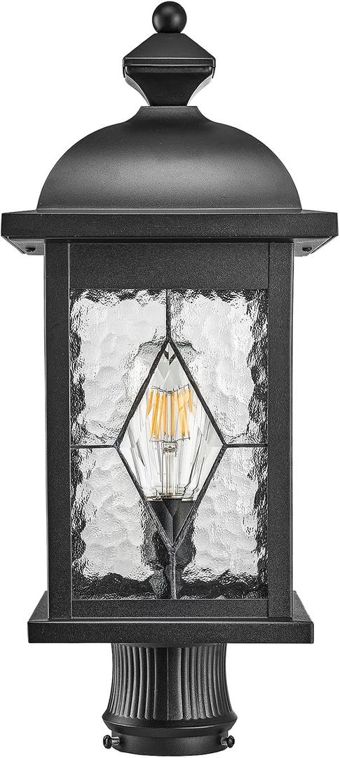 Outdoor Post Lights Exterior Pillar Lantern with Water Ripple Handmade Glass Black Finish 21 Inch Height Large Size Outdoor Post Lighting Fixtures for Walkway Porches Doorway or Garden, 21.2 inch