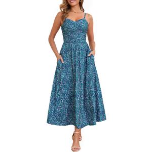Annebouti Women 2026 Summer Spring Ruched Maxi Dress Adjustable Spaghetti Strap Floral Beach Long Sundress with Pockets (Teal, L)