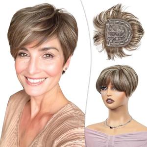 PHOCAS Short Hair Toppers for Women with Thinning Hair Magic Pixie Cut Topper Hair Piece Natural Synthetic Highlight Brown Toppers for Hair Loss Women Daily Use
