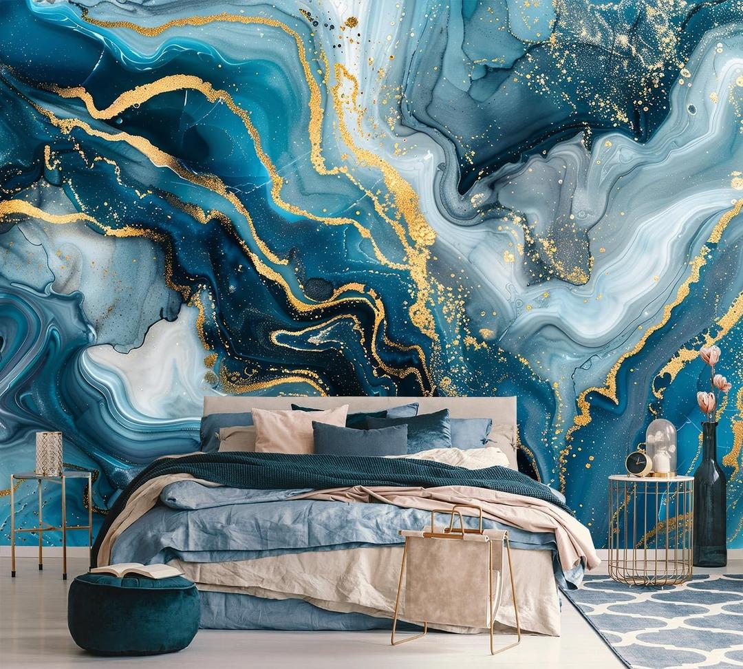 AFZEVEB-Blue and Gold Marble Wallpaper Abstract Art Wall murals for Bedroom 136"x96" (Not Peel and Stick) (A016)