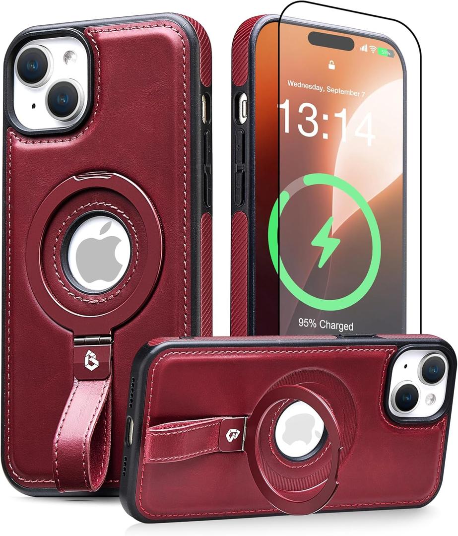 for iPhone 14 /iPhone 13 Leather Case with Stand, Anti-Slip Grip Ring, Fits for MagSafe (Burgundy, iPhone 14/13)