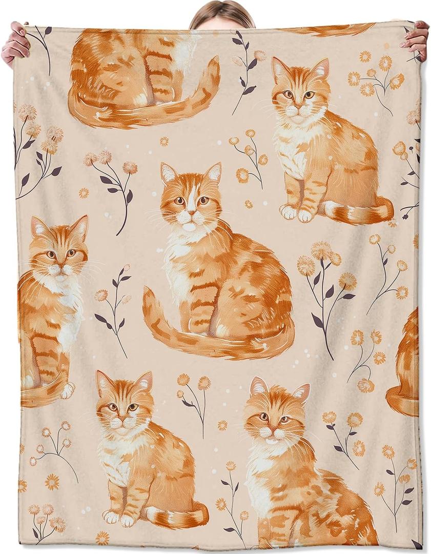 Orange Cat Blanket for Couch, Bed, Sofa - Soft Cozy Throw Blanket for All Seasons - Flannel Plush, Lightweight & Comfy for Adults & Kids - 50'60'