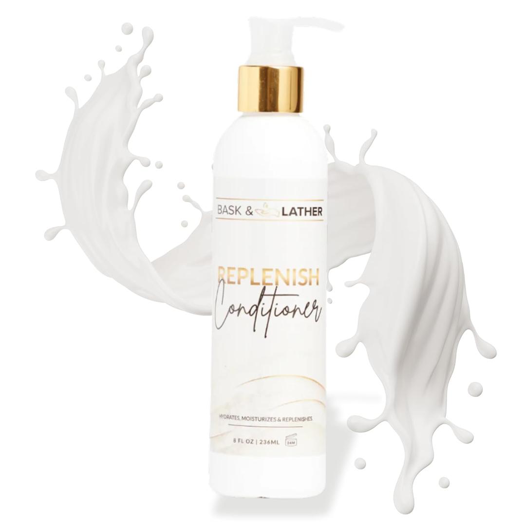 BASK & LATHER Replenish Conditioner Deep Hydrating, Natural Formula for Elasticity & Detangling, Silicone-Free, Paraben-Free, Color-Safe, 8oz