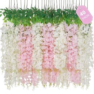 40 Pack White Pink Wisteria Hanging Flowers, Fake Flowers for Decoration, Artificial Hanging Flowers,Vines for Bedroom,Flower Garland for Home,Party,Garden, Wall,Wedding Decoration(3.6 Ft/Pcs)