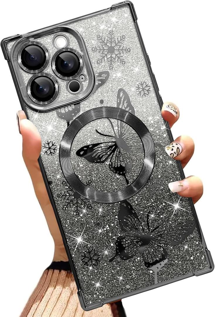 Magnetic Case Made for iPhone 16 Pro Max 6.9 Inch (Compatible with MagSafe) Glitter Phone Case with Black Butterfly Design Soft TPU Reinforced Corners Shockproof Bling Phone Cover for Women
