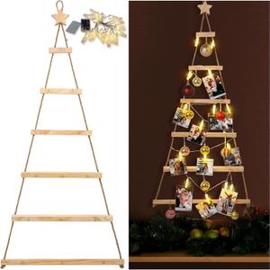 Large Wall Hanging Christmas Tree Display with String Light 49x24'' Wooden Lighted Christmas Tree Card Holder with 20 Clip and 14 Hook DIY Xmas Photo Display Rack for Holiday Wall Window Home Decor