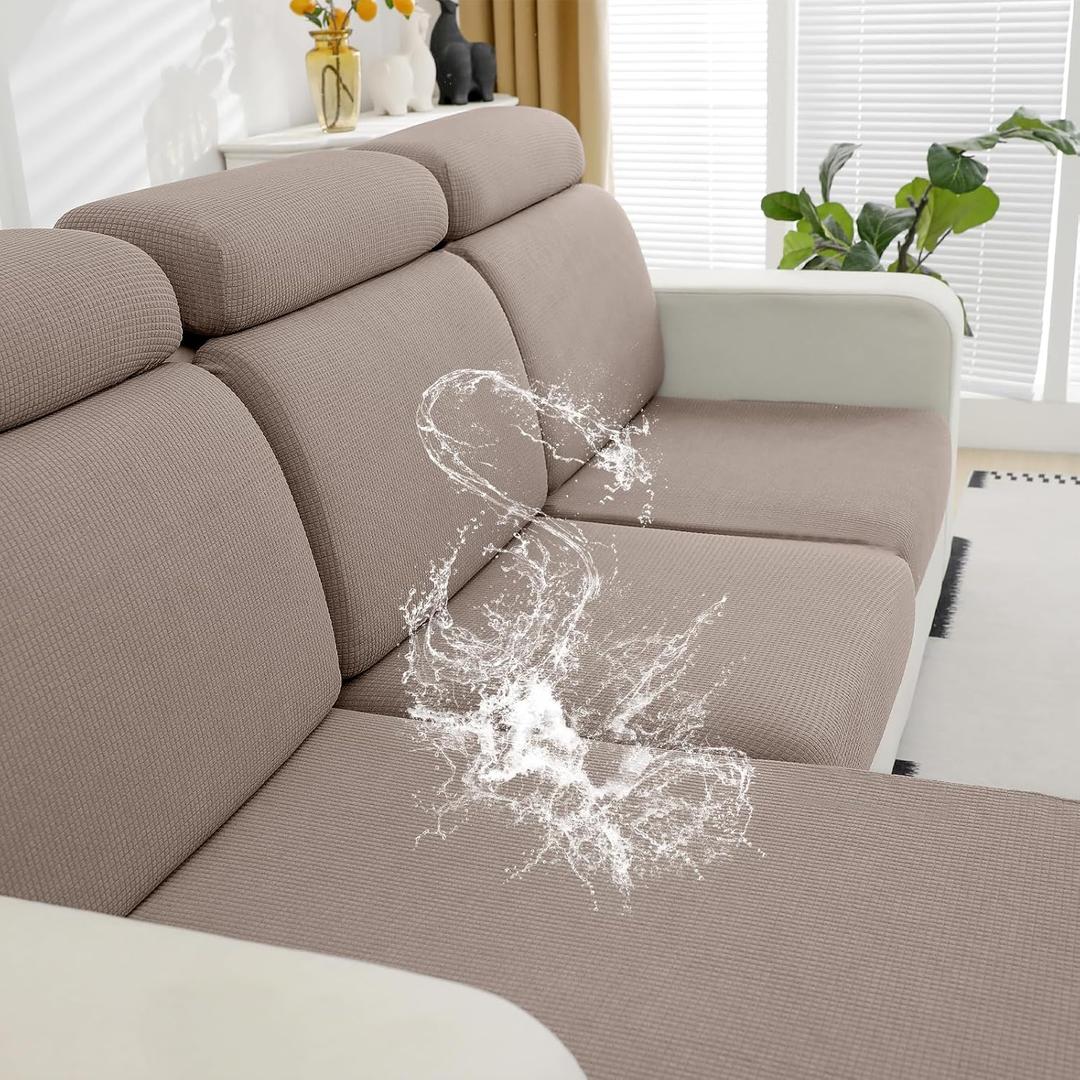 DISSA Waterproof Couch Cushion Covers, Washable Sofa Cushion Covers, Stretch Sofa Slipcovers, Thick Jacquard Fabric, Couch Sofa Covers for Pets Furniture Protector(2 Seaters + 1 Chaise, Camel)