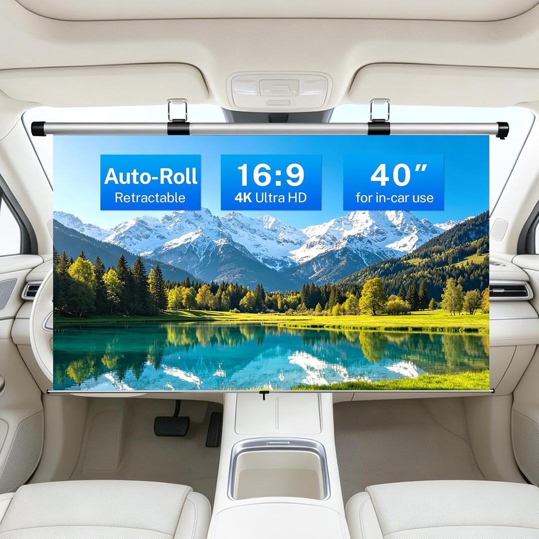40 Inch Retractable Projector Screen for Car with Adjustable Loops for Headrests/Sun Visors Self-Locking Pull Down & Slow Retraction High Gain Wrinkle-Free, Universal for RV/Truck/Camping/Bedroom/Gift