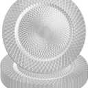 Frcctre 5 Pack Silver Charger Plates, 13 Inch Decorative Round Plastic Charger Dinner Plates, Reusable Diamond Pattern Serving Plate for Wedding, Party, Holiday, Event Table Decoration