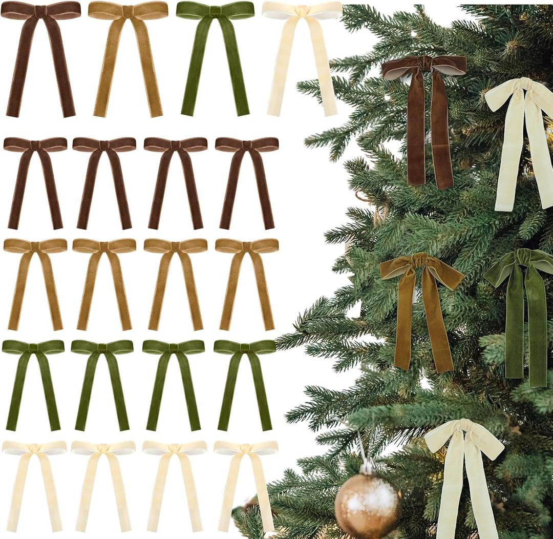 Glitinsel Brown,Khaki,Beige,Moss Green 24 Pcs Velvet Bows Christmas Tree Ornaments Valentines Day Bows Decoration for Garland Home Coquette Wedding Decor (5 x 7 InchWidth of 1")