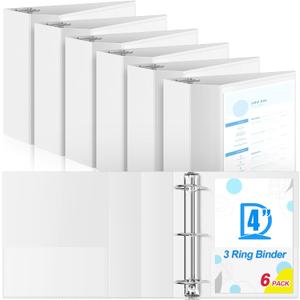 Henoyso 6 Pcs 4 Inch 3 Ring Binder D Ring, Large Clear Front Pocket Binder with Inside Pockets, Heavy Duty Faux Leather Foam Board Presentation Folder for Office, School, and Home (White)