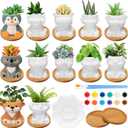 Hushee 12 Sets Ceramic Succulent Planters Paintable Succulent Plant Pots Small DIY Figurines Unpainted Pots with Drainage Hole Color Paints Paintbrushes Palettes