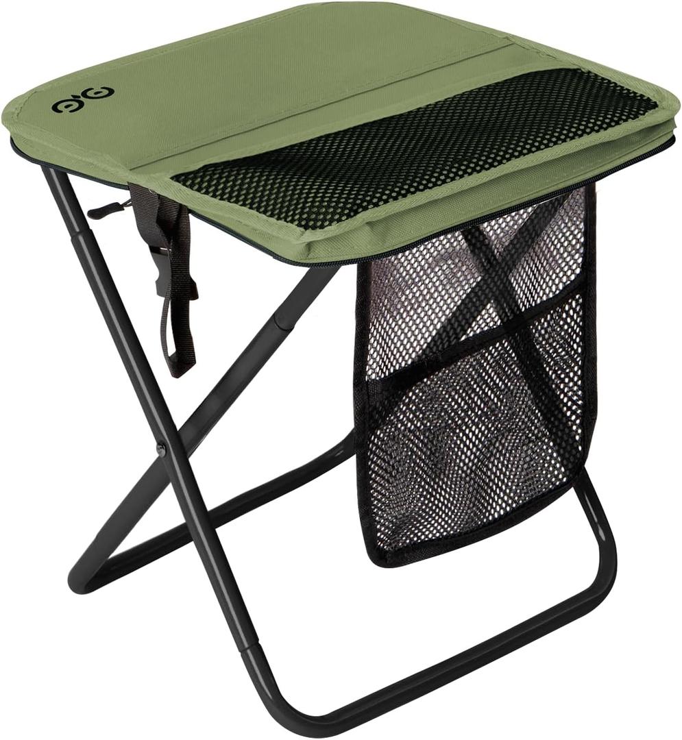 CAMDOOR Portable Collapsible Stool, 16Folding Stool with 3 Side Pockets and Shoulder Strap, Extra Large Camping Chair Supports 400 lbs, Ultralight Portable Seat for Outdoor, Hiking, Fishing (Green), 11.81"D 15.75"W 16.14"H