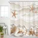 Cinbloo Starfish Beach Coastal 60Wx72H Shower Curtain Beige White Ocean Seashells Conch Pearl Coral Seacoast Sand Sea Waves Bathroom Curtain Set Summer Scenry Bath Bathroom Accessories Decor