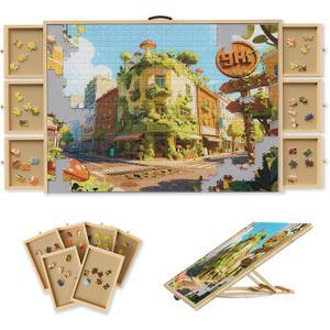 1500-Piece Rotating Puzzle Board with Drawers and Cover, Puzzle Tables for Adults, Portable Jigsaw Wood Table with 6 Storage Drawers, Non Slip Felt and Handle, Ideal Gift35.1"x26"