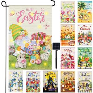 Breling 12 Pack Garden Flags with Solar Lights, 12x18 Inch Double Sided Seasonal Yard Flags - Holiday Decorations for Easter, Spring, Summer, Fall, Christmas, Halloween & More