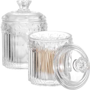 rejomiik 2 Pack Qtip Holder Glass Apothecary Jars with Lids Bathroom Accessories Vanity Organizers and Makeup Storage Canister for Cotton Swabs, Balls, Pads, Floss Picks, Candy, Clear