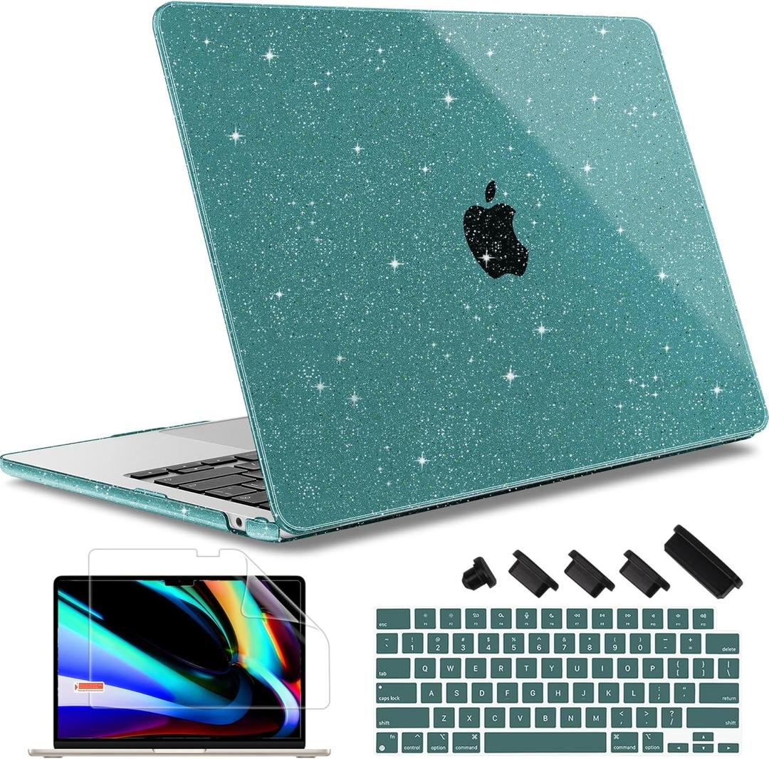 May Chen Case for MacBook Air 13/13.6-inch (M5/M4/M3/M2, 2022-2026 Models A3449 A3240 A3113 A2681), Lightweight | Closes Seamlessly | Ideal for Work Hard Shell Case, Dark Cyan Glitter