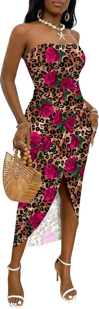 Umenlele Women's Strapless Ruched High Waist Wrap Split Asymmetrical Beach Maxi Long Dress Medium