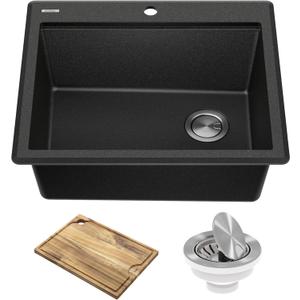 KRAUS Bellucci 25-inch Granite Workstation Drop In Top Mount Single Bowl Kitchen Sink in Metallic Black with Accessories, KGTW12-25MBL