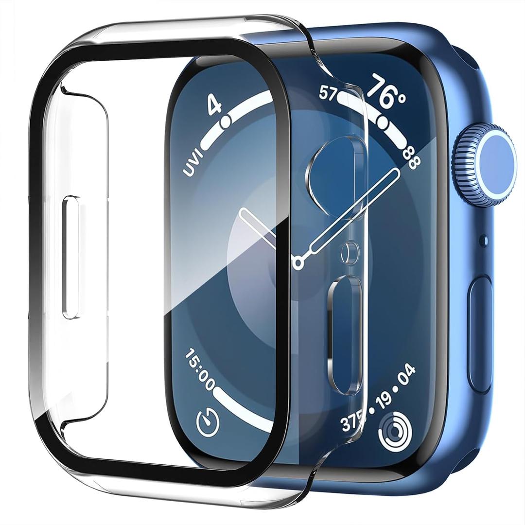 Smiling 2 Pack Case Compatible with Apple Watch Series 9/8 / 7 41mm with Tempered Glass Screen Protector, Hard PC Case Overall Protective Cover- Transparent