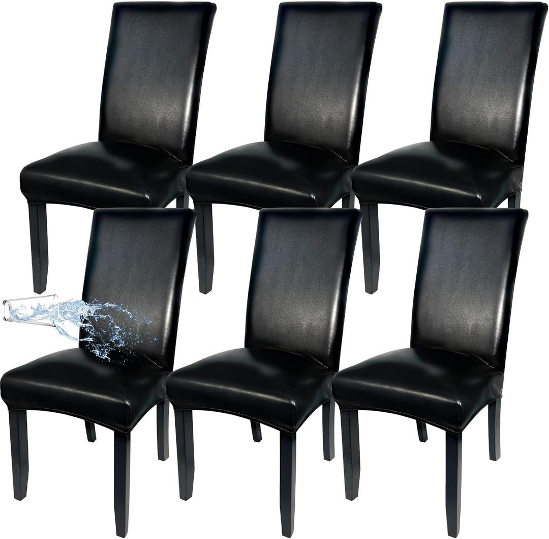 Soft Leather Chair Covers for Dining Chairs set of 6, Stretch Waterproof Dining Chair Covers Protector Oilproof and Scratch-Proof Parson Chairs Cover Modern Style for Kitchen Room(Black, 6Pcs)