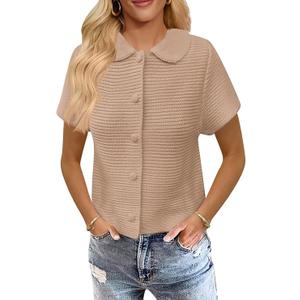 Saodimallsu Womens Short Sleeve Cropped Cardigans Casual Summer Button Down Collared Lightweight Loose Knit Sweater Top
 Size L