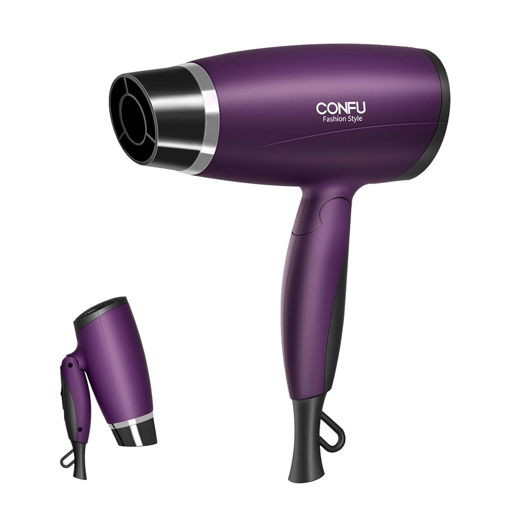 CONFU 1600W Small Portable Travel Hair Dryer with Folding Handle, Lightweight Hair Dryers for Women, Compact Hair Dryers with Nozzle, Mini Blow Dryer, Purple