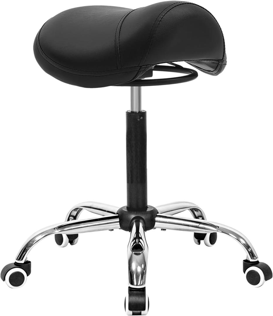 Saddle Salon Stool with Wheels,Heavy Duty Adjustable Rolling Drafting Chair for Barber, Tattoo, Nail,Spa,Dentist(Black)