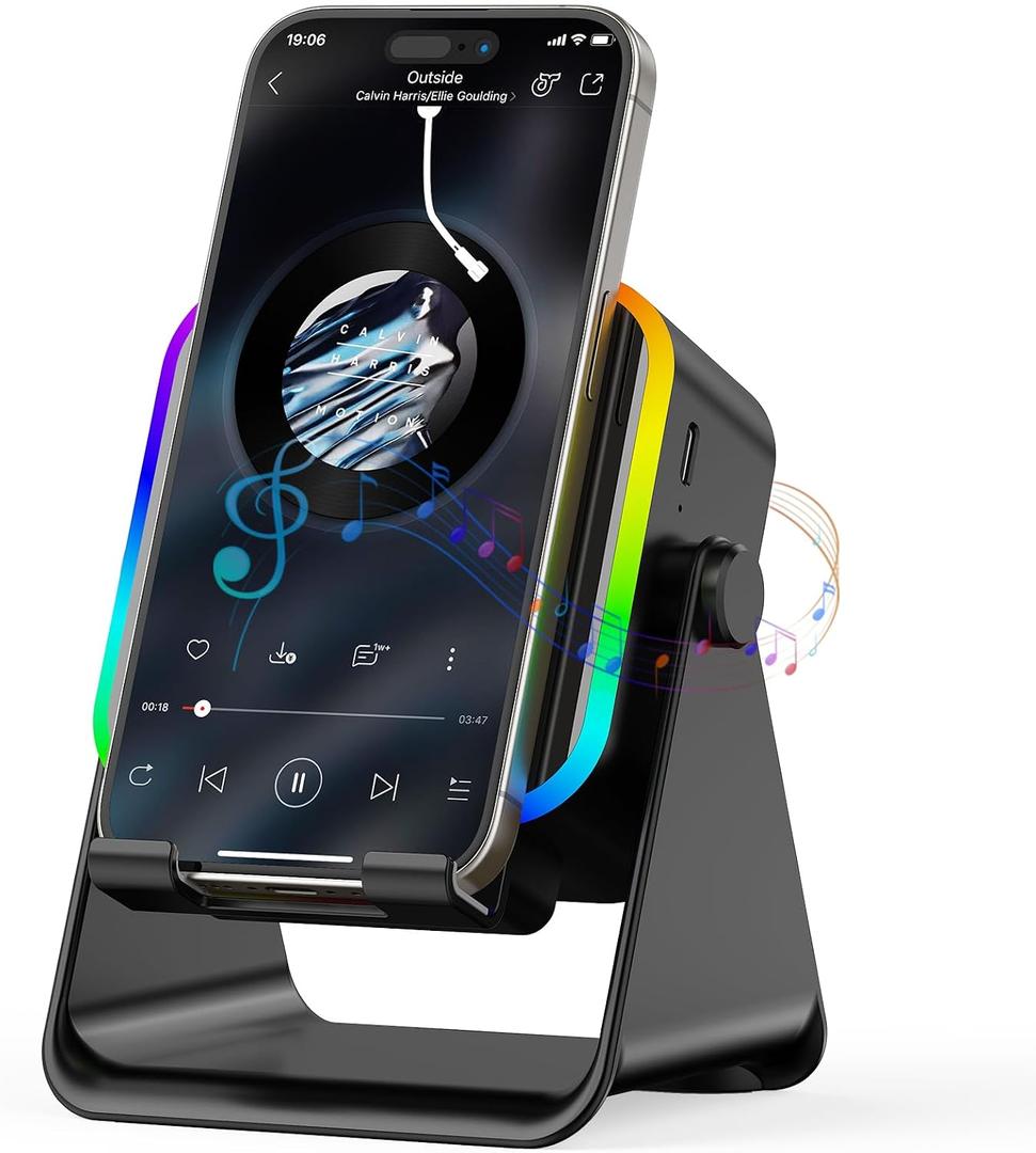 Wireless Induction Portable Bluetooth Speaker - 5 in1 Bluetooth Speaker Phone Stand with Colorful Ambient Light 360 Rotation Compatible with Most Phones - Unique Birthday Gift for Men Women Adults