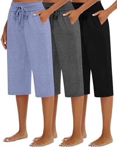 3 Pack Women's Capri Pants, Cotton Drawstring Capris Sweatpants Casual Summer Loose Fit Cropped Pants with Pockets (Black, Dark Gray, Pink) XL
