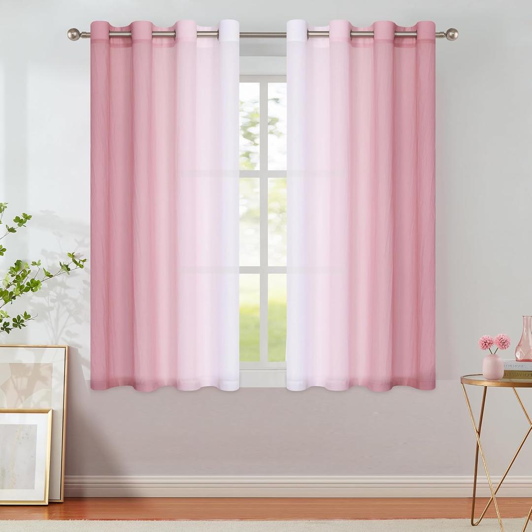 Purainbow Ombre Sheer Curtains Pink 54 Inches Length for Bedroom Living Room, Chiffon Crinkle Semi Sheer Short Curtain Panels Light Filtering Not See Through for Laundry Room, Grommet Top, 52" W