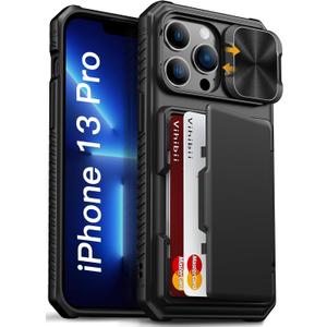 Vihibii for iPhone 13 Pro Case with Card Holder (4 Cards) [RFID Blocking] & Slide Camera Cover, Military Grade Drop Protection, Rugged Hard Back & Silicone Edge Wallet Phone Cover 5G 6.1" 2021, Black