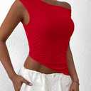 PRETTYGARDEN Womens 2026 Summer Off The Shoulder Crop Tops Sleeveless One Shoulder Ruched Asymmetrical Y2K Going Out Tank Top (Red, S)