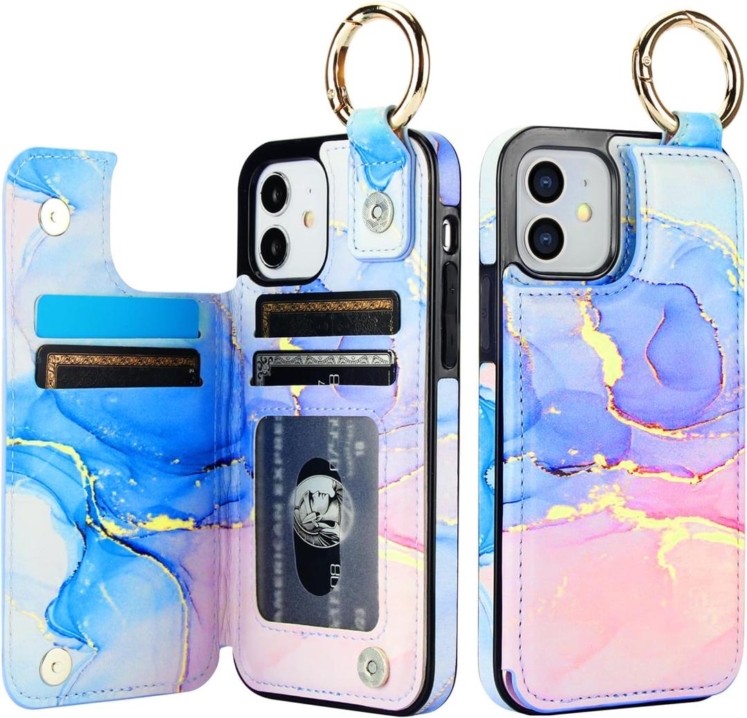 HAOPINSH for iPhone 12/12 pro Wallet Case with Card Holder, Pink Blue Marble Print Back Flip Folio PU Leather Kickstand Card Slots Case, Finger Grip Ring Double Magnetic Clasp Shockproof 6.1"