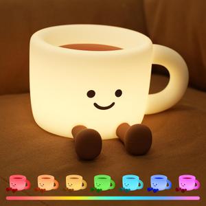 Cute Coffee Cup Night Light for Kids Rechargeable, Battery Operated Nightlight 3 Level Dimmable with RGB&Timer, Silicone Touch Nursery Lamp for Baby Girls Boys Bedroom Gifts