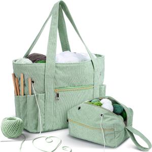Bulyoou 2 Pcs Crochet Bag and Tote Set Corduroy Yarn Bag Crochet Tote Bag for Crochet Hooks Organizer Yarn Holder for Crochet Lovers Knitting Bag Crochet Accessories (Green)