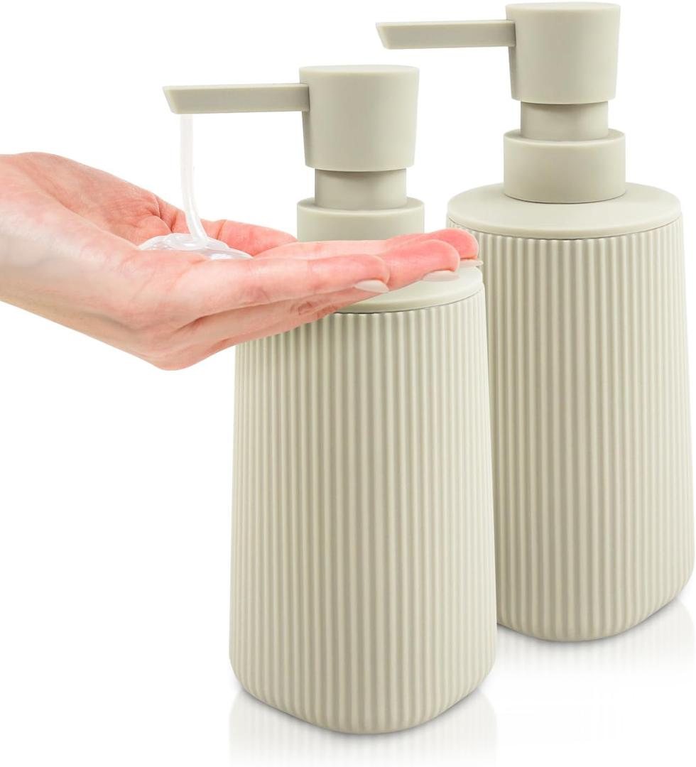 Liquid Soap Dispenser 2 Pack, 8.5oz Matte Beige Lotion Hand Sanitizer Soap Dispenser with Easy-to-Press Pump for Bathroom & Kitchen Countertop Refillable