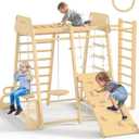 BlueWood Upgraded Indoor Playground 9-in-1 Jungle Gym Kids Climbing Toys, Waldorf Style Wooden Climber Playset with Slide, Swing, Monkey Bars, Upright/Rope Ladder, Climb Net, Natural Wood