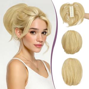 RUWISS Claw Clip Short Human Hair Ponytail Extension with Bendable Metals for DIY Styles Straight Messy Bun Hair Piece for Women Hairpieces for Daily Wear, 9 Inch Light Blonde