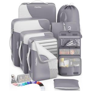 OlarHike 8 Set Packing Cubes for Travel, Sturdy Suitcase Organizer in 4 Sizes (Extra Large, Large, Medium, Small), OlarHike Luggage Cubes with Toiletry Bag, Cruise Ship Gifts for Men (Grey) (8 set (Short-Term Trip))