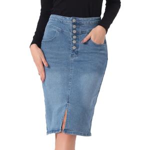 Allegra K Women's Jean Skirts Split Casual High Waist Bodycon Denim Pencil Skirt (Medium, Light Blue)