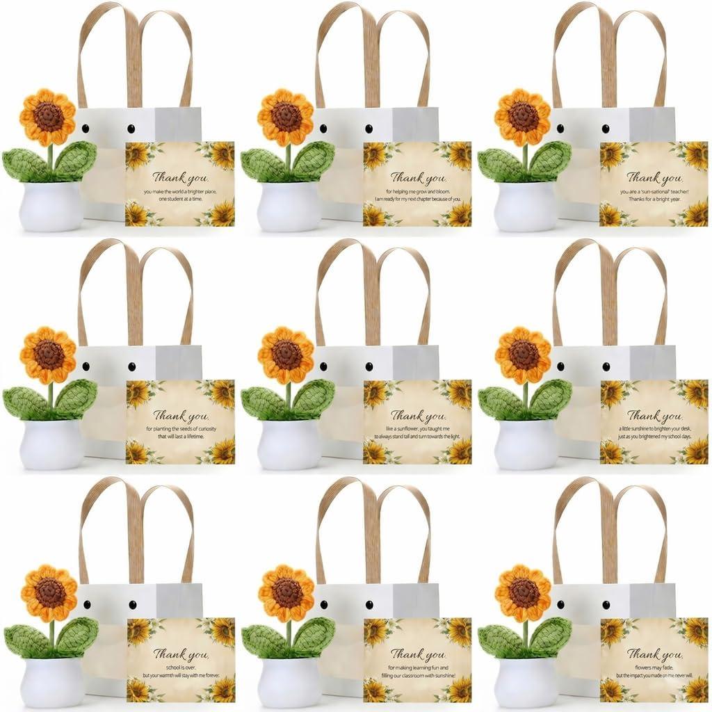 CHRYCELESTE 9 Pcs Crochet Sunflower for Teacher, Teacher Appreciation Gift Bulk, Sunflower Crochet Teacher, Welcome Back to School Gifts, Back to School Gift for Teacher