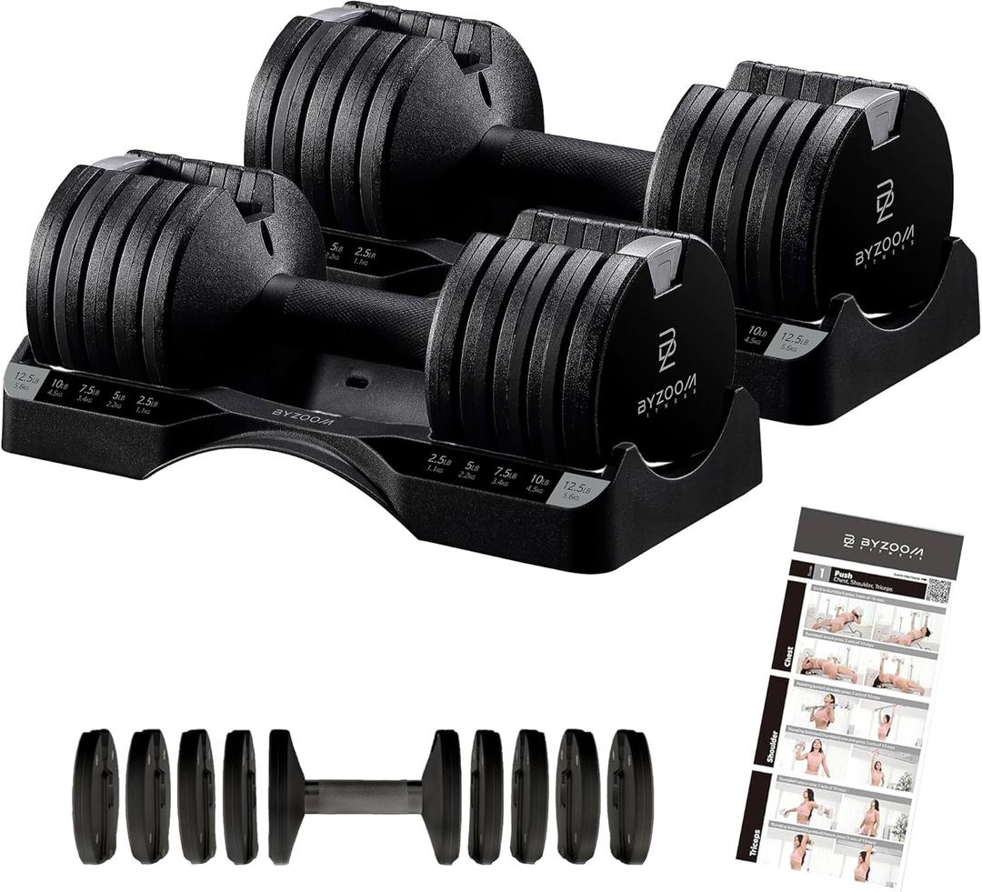 ByZoom Adjustable Dumbbell 12.5/25lb Single Unit OR Set of 2 5-in-1 Adjustable Weight for Home Gym, Strength Training & Fitness Workouts, White OR Black