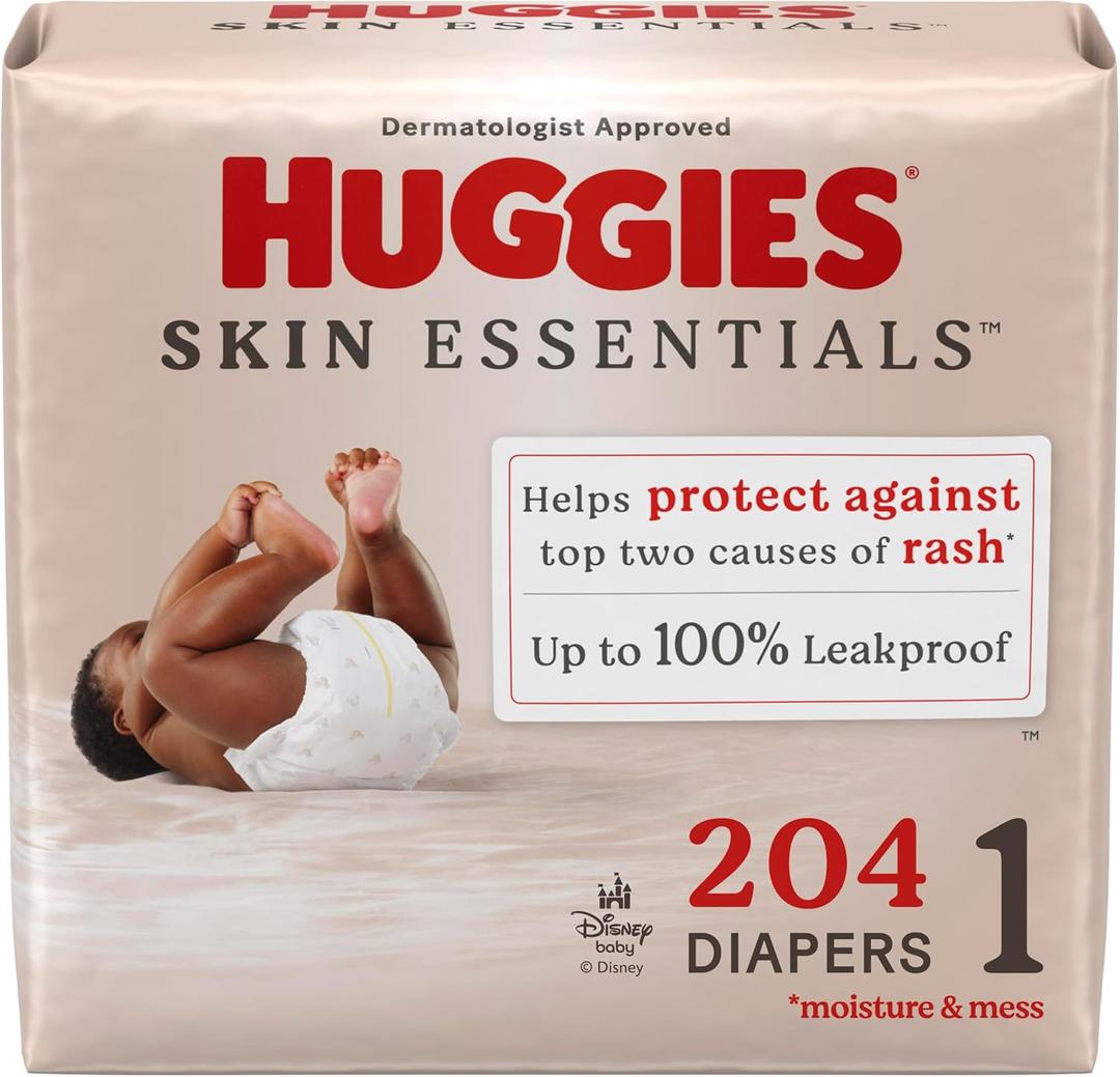Huggies Size 1 Diapers, Skin Essentials Baby Diapers, Size 1 (8-14 lbs), 204 Count (3 Packs of 68),