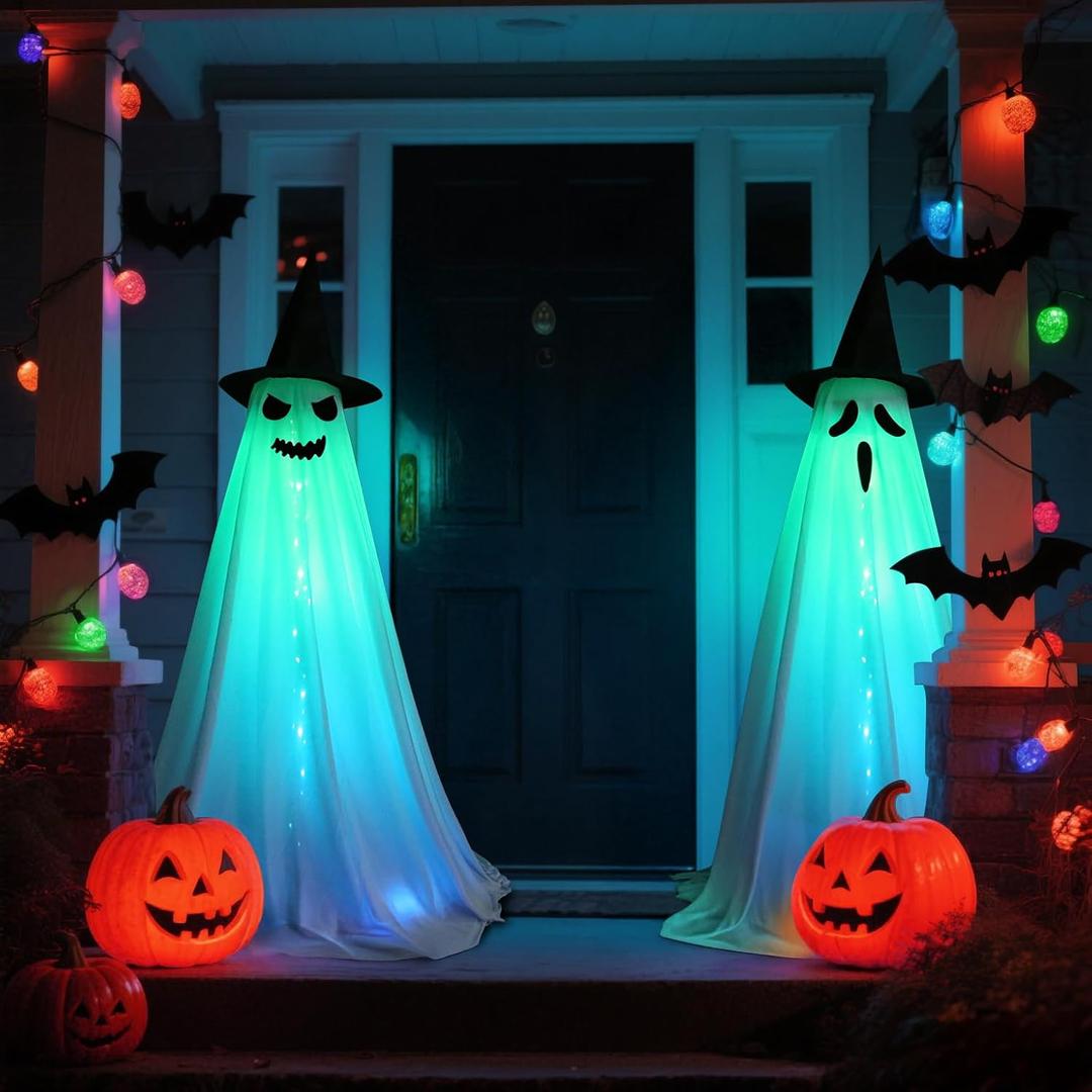 MCJC Halloween Ghost Decorations with LED Lights, 59.1-inch Tall, 18 Lighting Modes, 7 Colors, 2-Pack (White)