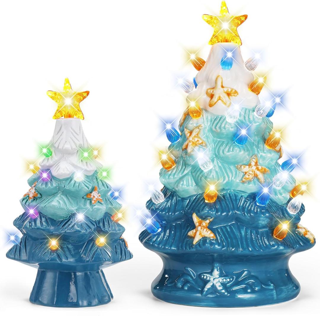 2 Pcs Christmas Tree with LED Lights Sea Star Christmas Tree Table Centerpiece Blue Ocean Xmas Tabletop Decorations (9.65"/6.81")