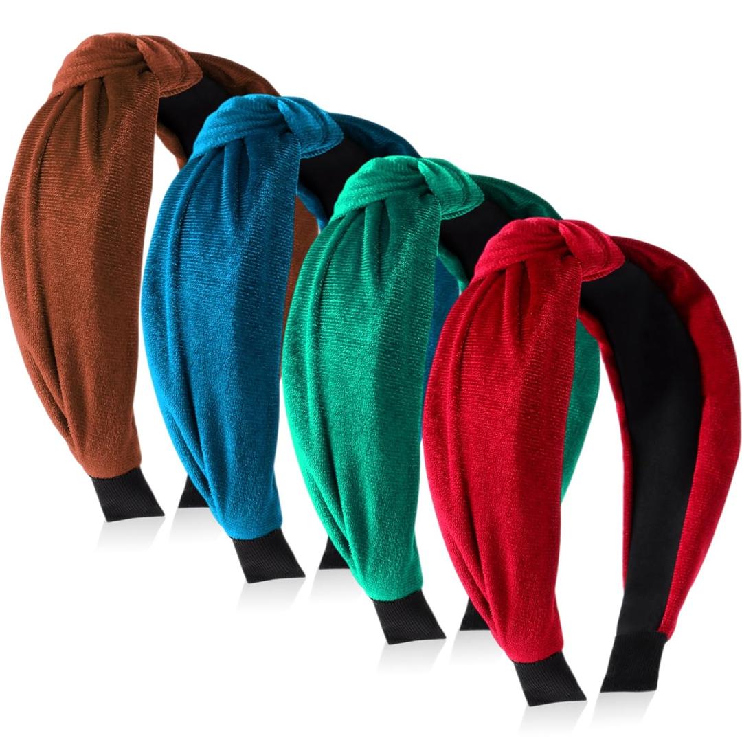 4 Pcs Velvet Knotted Headband for Women Christmas Red Green Blue Brown Hairband Wide Fashion Hair Band for Women Girls No Slip Turban Outfit for Holiday Party Hair Accessories Gifts